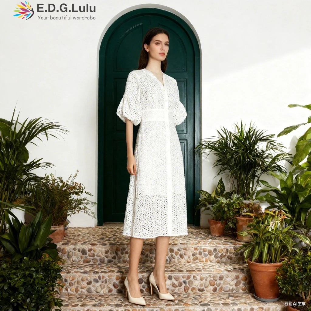 EDGLuLu V-Neck Lantern Sleeves White Dresses For Woman Single Breasted Lace Embroidered Floral Long Dresses Leisure Vacation0930