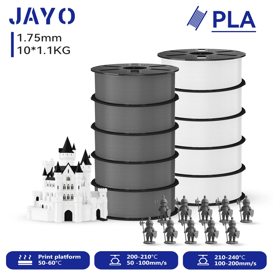 JAYO 10 Rollen 3D PLA Druckerfilament 1,75mm, ungiftig & blasenfrei, PLA-Kunststoff als 3D-Druckfilament für 99% der 3D-FDM-Drucker & -Stifte, 1,1KG/Rolle