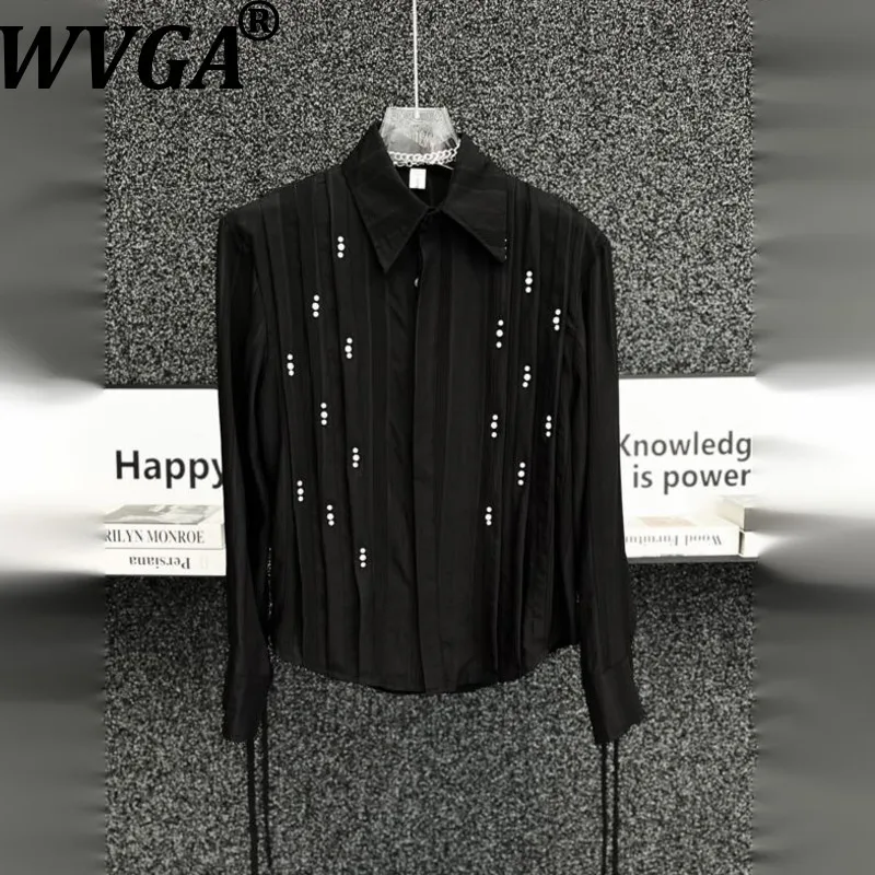 

Мужская рубашка WVGA с длинным рукавом, украшенная стразами, в стиле Spring Light-Luxury, модная, повседневная, с плиссировкой и полосками, с завязками, Ins W22330