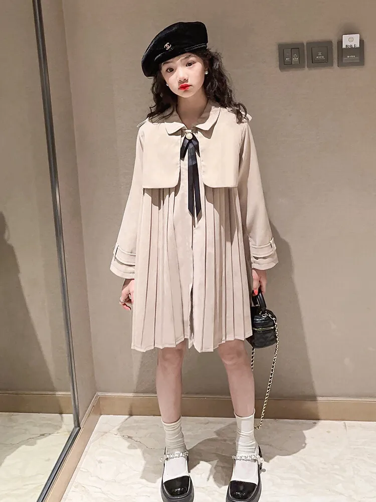 Girl Dress 2024 New Spring Autumn Korean Fashion Style Mid Length Trench Coat Baby Girl Solid British Style Long Sleeved Dress