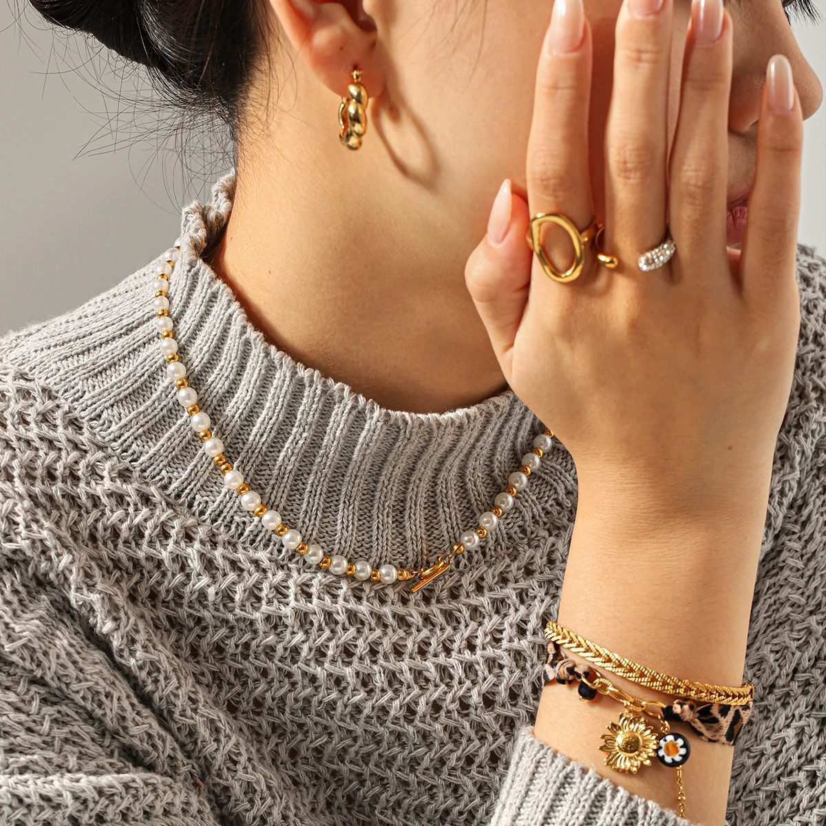 

Huang Chao Bohemian Pearl Crystal Women's Chain Bracelet Pearl Necklace Retro Elegant Gold Plate Earrings Set Vacation Jewelry