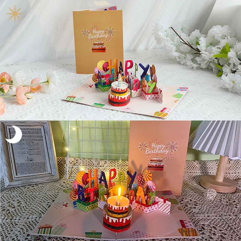 New Creative Greeting Card Chocolate Birthday Cake Blowing Candles Music Lights Ins Style Birthday Gift 3D Cake Pop Up Cards