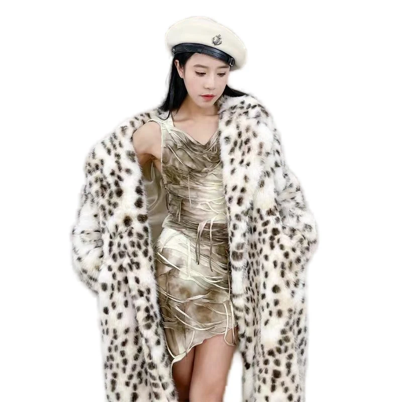 Winter 2024 New Long Belted Leopard Faux Fox Fur Long Coat Women Overcoats Ladies Stylish Street Fashion Fluffy Fox Fur Jacket