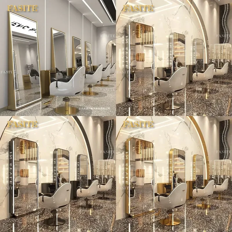 For Hair Double Sided Barber Mirror with LED Light Stainless Steel Vertical Styling Station for Perm Dyeing Cutting