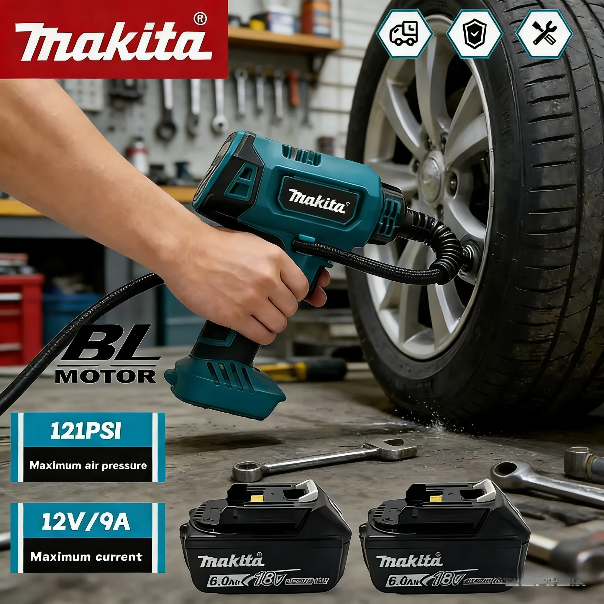 

Беспроводной портативный электрический воздушный насос Makita 12В, перезаряжаемый ручной компрессор для автомобилей, совместимый с аккумуляторами Makita 18В и 20В.