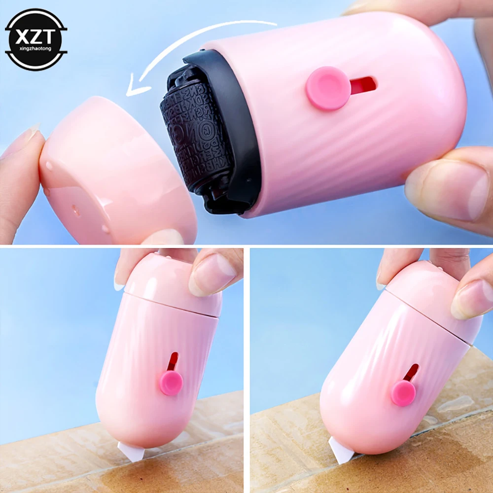 Mini Theft Protection Roller Stamp & Paper Knife Cutter Express Box Knife 2 In 1for Privacy Confidential Data Theft Protect