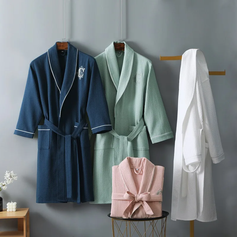 Cotton Robe for Spring Autumn Thin Morning Robe Embroidery Waffle Bathrobe Hotel Beauty Bath Towel for Couples pajamas
