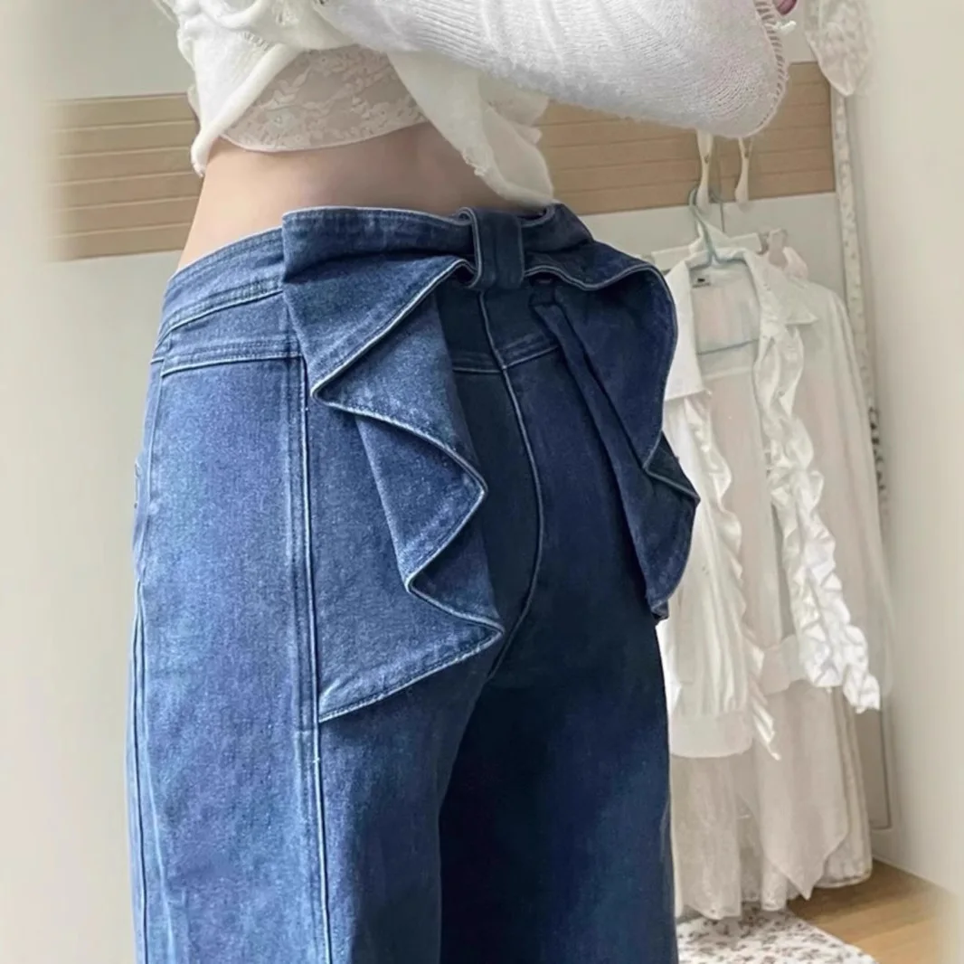 Voltar arco y2k jeans feminino elegante em linha reta calças largas moda coreana calças jeans streetwear feminino perna larga jeans