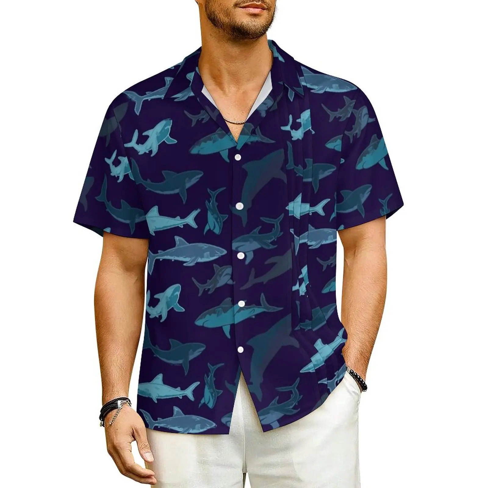 

Blue Sharks Vacation Shirt Male Camo Camouflage Elegant Casual Shirts Summer Short Sleeve Street Style Oversize Blouses Gift