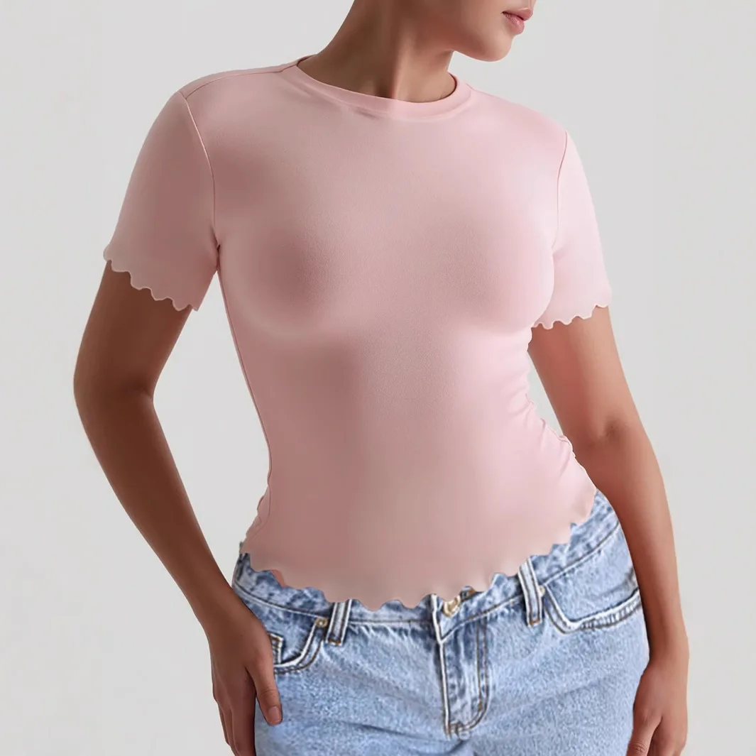 صيف 2025 لون سليم صالح المرأة تي شيرت ort Sve جولة Ne البوليستر النسيج Faionable رداء علوي غير رسمي للشابات