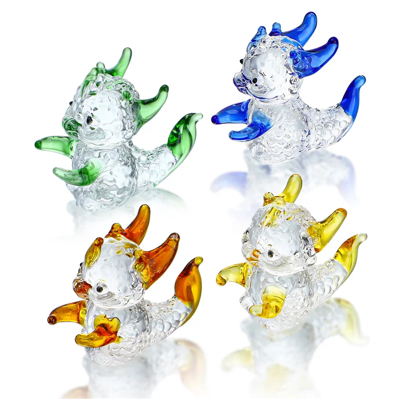 H&D 4pcs Cute Mini Glass Dragon Figurines Hand Blown Colorful Glass Art Small Mythical Animals Collectible Gift Home Decor