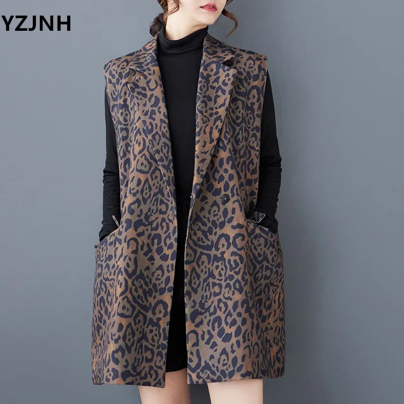 YZJNH 2025 Spring/Autumn New Style Suit Collar Leopard Print Vest Hong Kong Style Loose Medium Long Sleeveless Vest Jacket