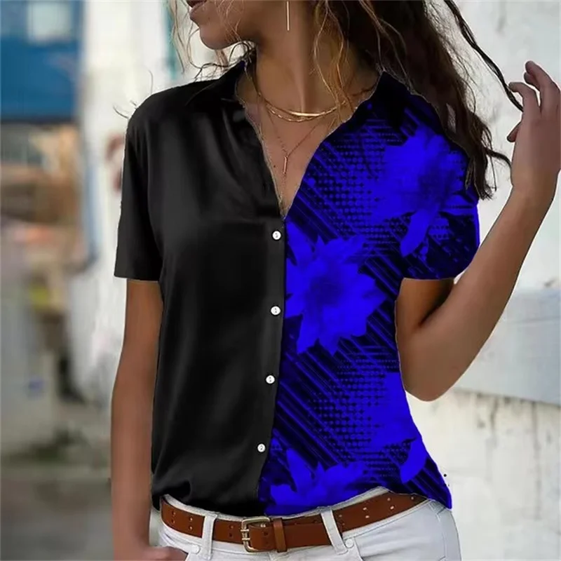 Women\'s Shirt Blouses Black Elegant Flower Print Button Short Sleeve Shirt Fashion Office Ladies Shirt Collar Spring & Fall Tops