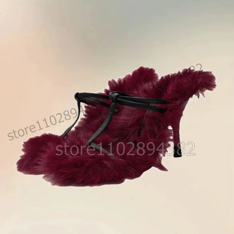 

Burgandy Fur Decor Hollow Design Strappy Slippers Slip On Women Shoes Thin High Heels Fashion Banquet 2025 Zapatos Para Mujere