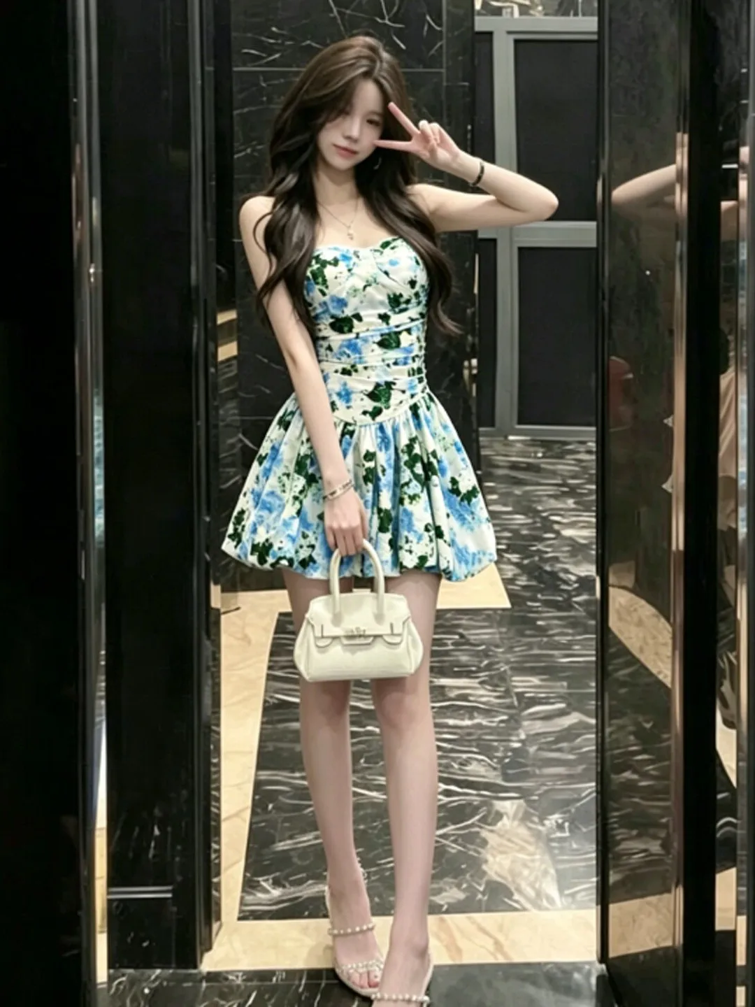 

Retro Beautiful Unique Print Tube Top Waist Cinched Flounce Short Skirt Dress Summer Vacation Style Cotton Blend Midi Dress