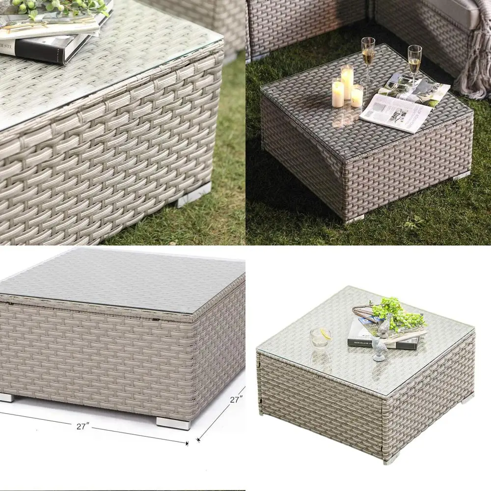 

Expandable Sectional Sofa Set with Warm Gray Wicker Outdoor Coffee Table and Glass Top for Garden & Poolside Use