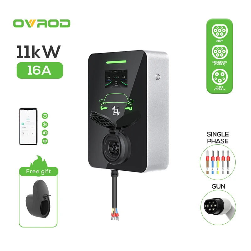 Ovrod 11KW Type 2 EV Charger 16A Dynamic Load Balancing Wallbox With 4.3 Inch LCD Display New AC Output Current