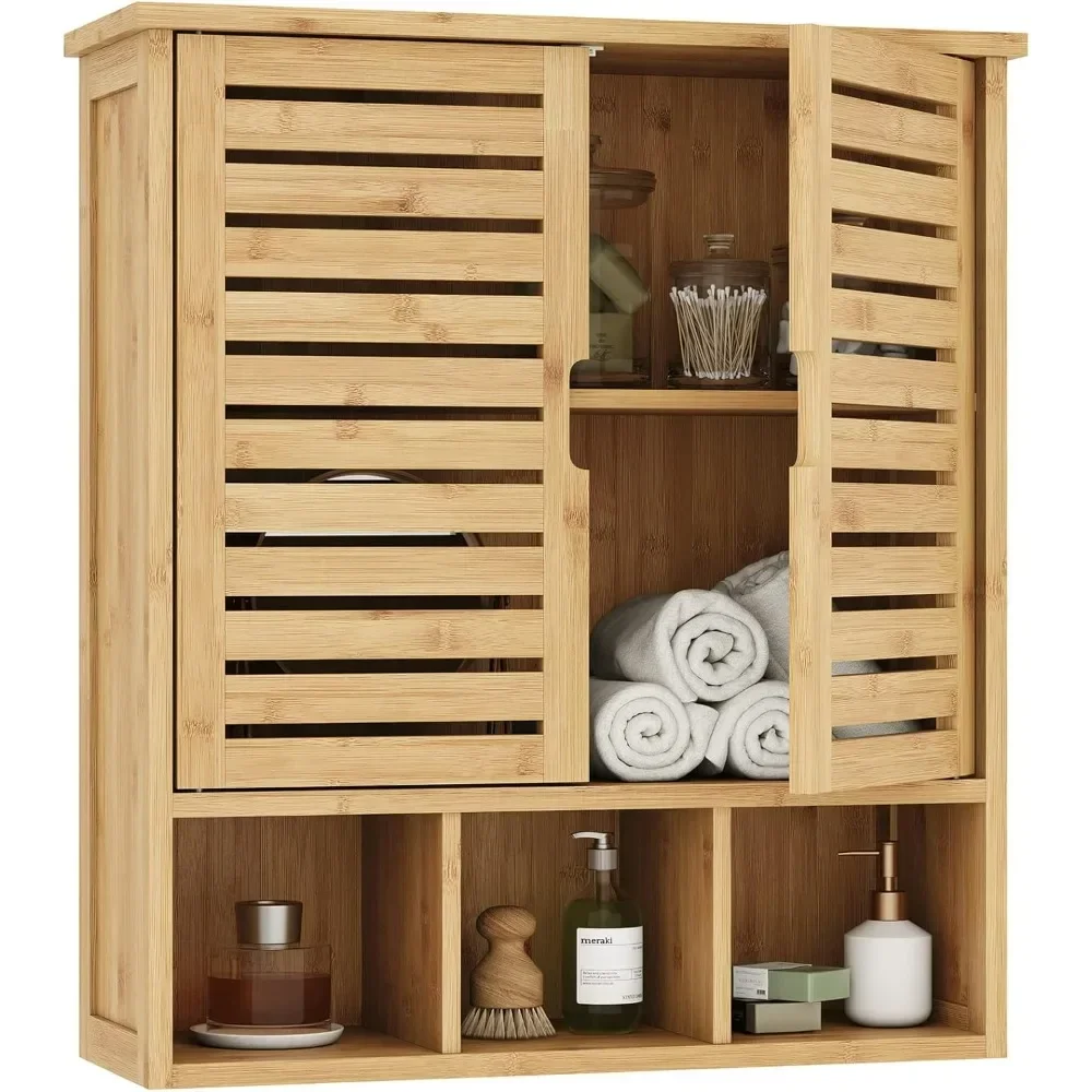 

Bathroom wall mounted toilet style storage cabinet, bamboo medicine cabinet with door and adjustable shelf