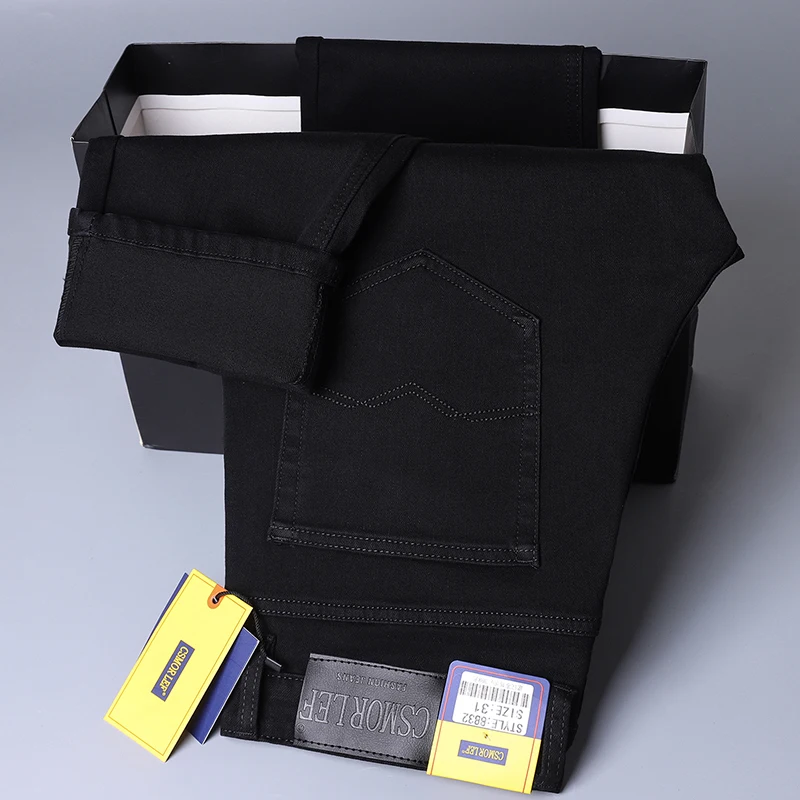 Schwarze Stretch-Jeans für Herren, Frühling, neue Mode, weiche, schmale, gerade Hose, hochwertige, klassische, gewaschene Retro-Denim-Hose