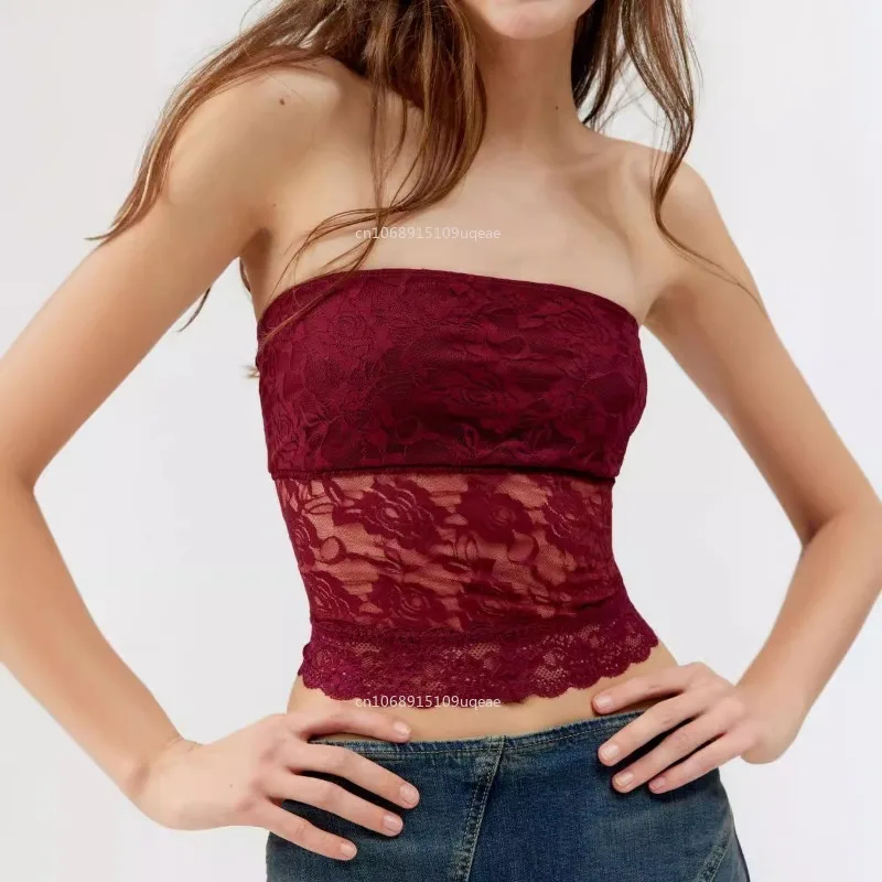 Boho Strand Vakantie Strapless Bloemen Kant Mouwloos Crop Tops Y2k Coquette Backless Slim Fit Vest Tees Strapless Top Corset