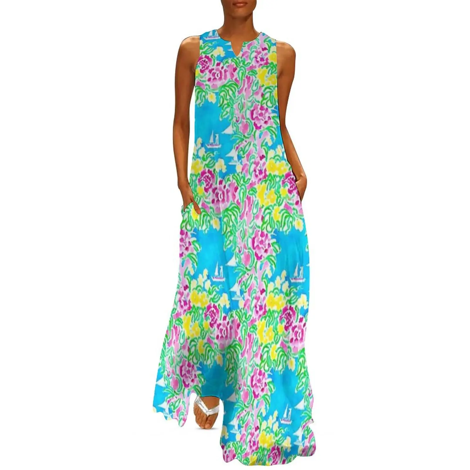 

Yacht, sea, and roses markers and watercolor seamless pattern Long Dress summer dress women 2025 summer dresses women 2025