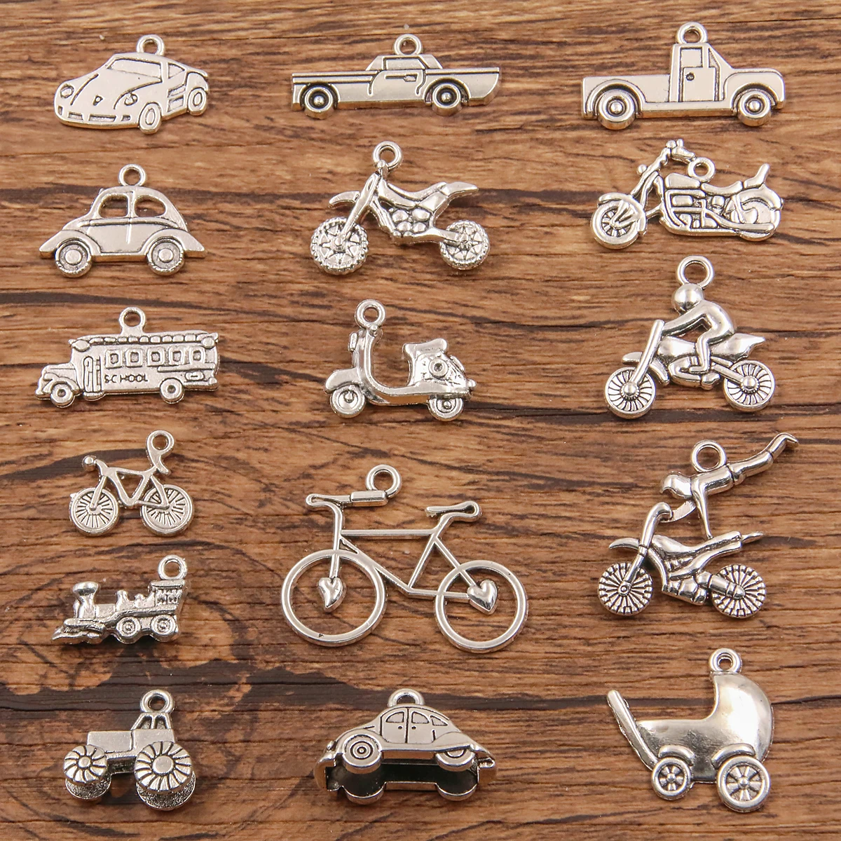 20PCS 16Styles Mixed Alloy Vehicle Charms For Jewelry Making DIY Handmade Bicycle Train Motorcycle Electri Car Truck Pendant