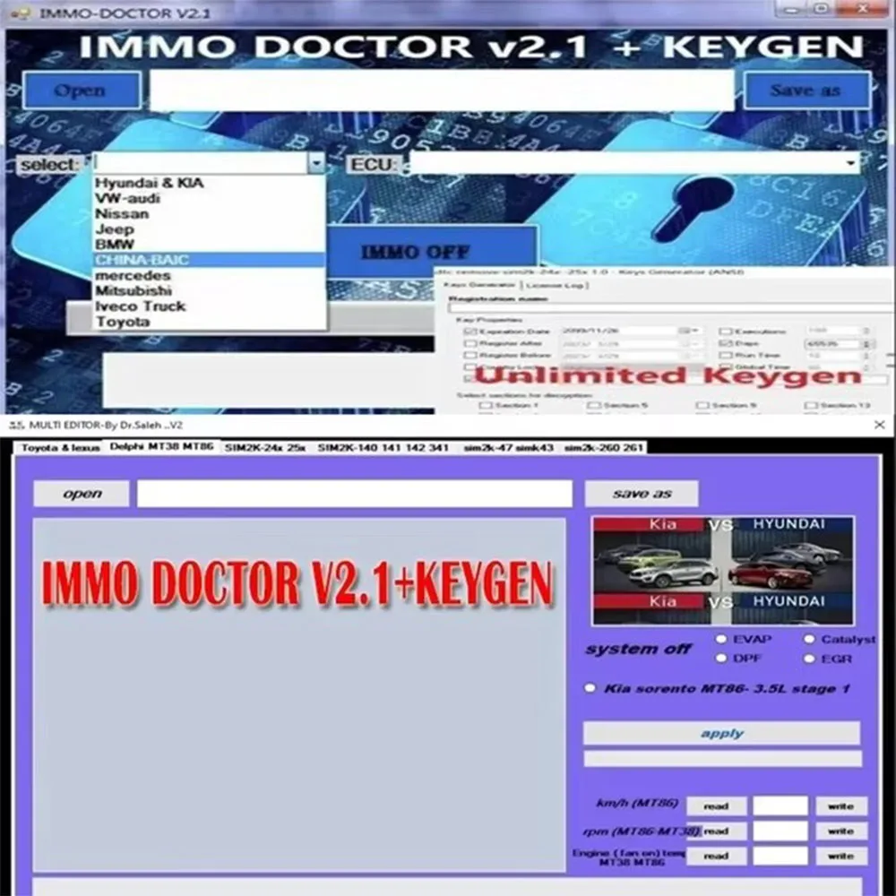 

2024 IMMO DOCTOR V2.1 With Unlimited KEYGEN MULTI BRAND Immo Off Software ECU Chip Tuning for sim2k MT38 ME 17.9.2 MED17.9.8