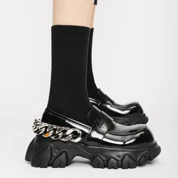 Fashion Chain Decor Women Pumps Thick Sole Platform Creepers Chunky High Heel Shoes Woman Casual Loafers Black Leather Shoes