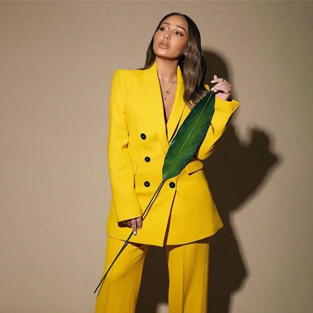 Yellow Fashion Pant Suits For Women Double Breasted Coat +  Pants Office Ladies Casual Long Sleeves Blazer Straight Leg Trousers