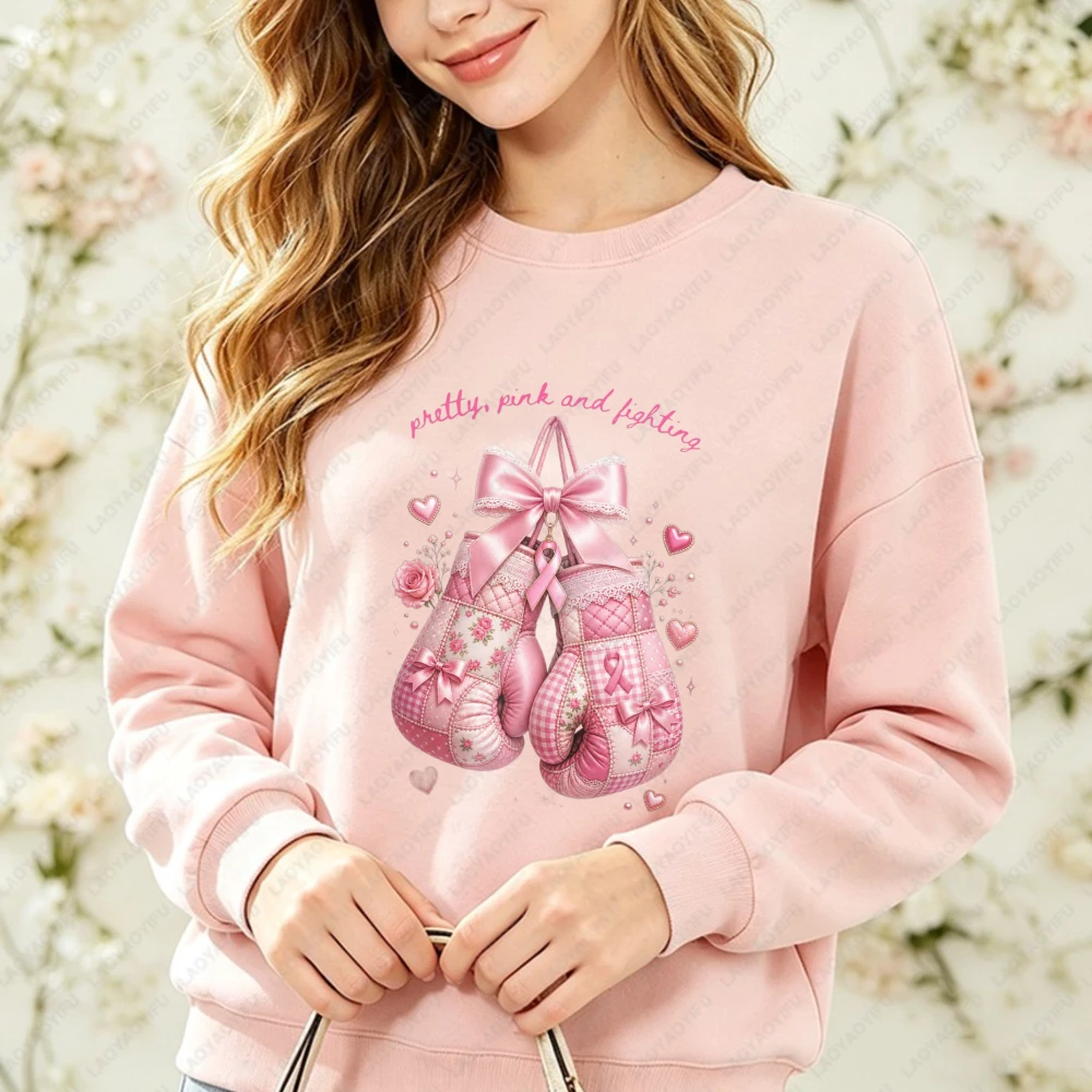 Patchwork Pink Boxing Gloves Breast Cancer Pullover Coquette Pink Ribbon Hoody Fighting for Someone I Love Survivor Support Gift