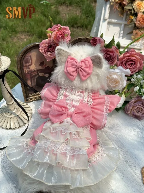 Sweet Pink Lace Ruffle Tiered Pet Gown Large Bow Decorated Sleeveless Cake Dress Cute Lolita Costume for Pets Daily Clothes