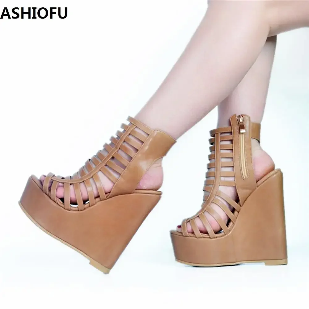 ASHIOFU New Hot Sale Handmade Womens Wadge Heel Sandals Cut-out Night-club Party Prom Shoes Fashion Evening Sandals Daily Shoes