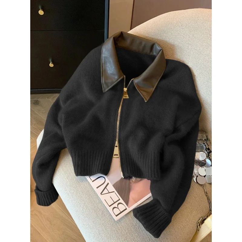 Spliced Leather Collar Knit Sweater Fashion Double Zipper Cardigan Women\'s Autumn/Winter New Soft Vintage Long Sleeve Streetwear