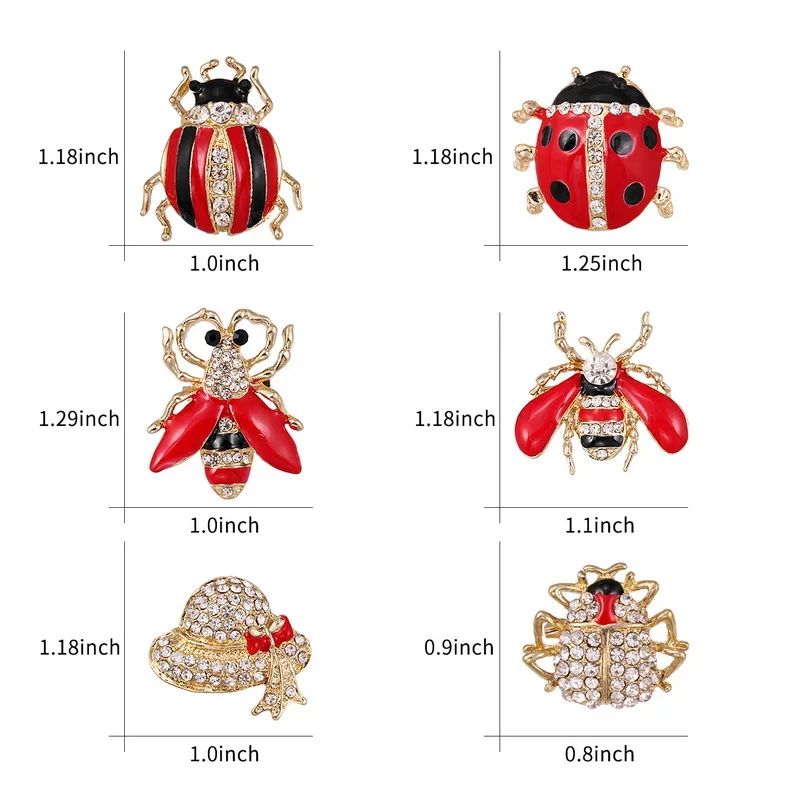 Baiduqiandu Brand 12 Mixed in a Card Crystal and Enamel Ladybird Insects Brooch Pins Sets