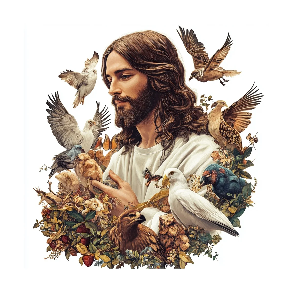 1 Stück 30x30 cm/11,8 Zoll, 11Ct/14Ct Kreuzstich-Set, DIY Valentinstagsgeschenk, Stickerei-Set für Festlichkeiten, Jesus mit Vögeln und Blumen – Detail 2