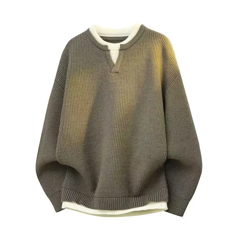 Fake Two Piece Knitted Men's Fashion Trendy Base Shirt Stylish Warm Sweater