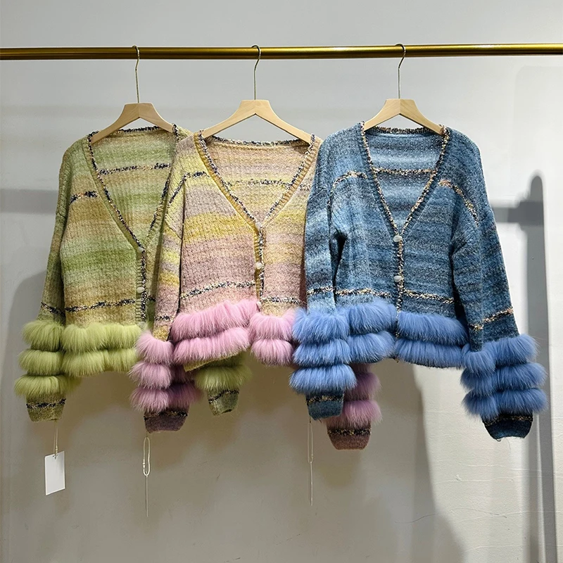 2025 Musim Gugur Wanita Jaket Sweater Rajut Tipis Dekorasi Bulu Rubah Berwarna Gradasi