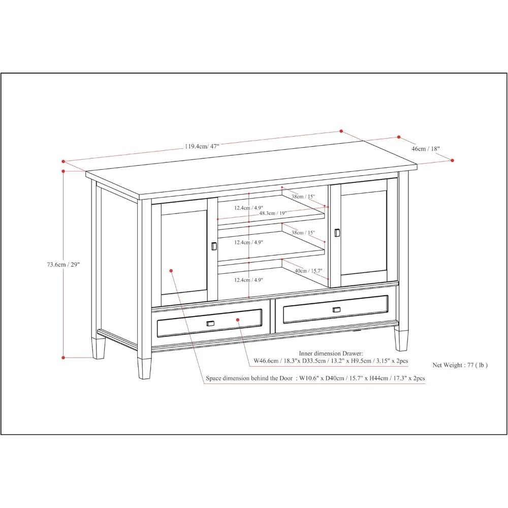 SOLID WOOD-TV Media Stand in Black, Warm Shaker, 47 "Wide, Transitional, Fit para TVs, sala de estar, até 52"