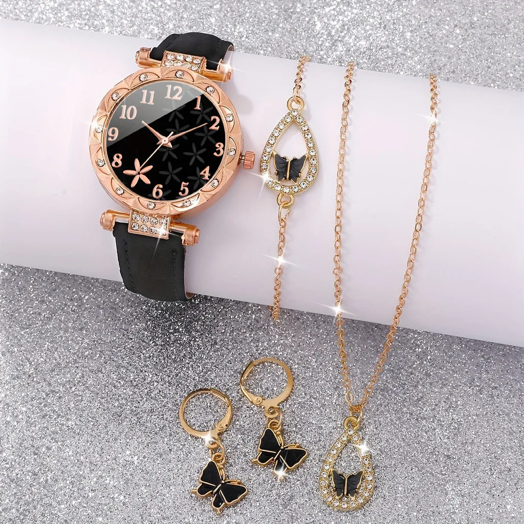 นาฬิกาพลอยเทียมผู้หญิง5ชิ้น/เซ็ตนาฬิกาควอตซ์หนัง PU จำลองชุดเครื่องประดับรูปผีเสื้อประดับพลอยเทียมแวววาวชุดของขวัญ
