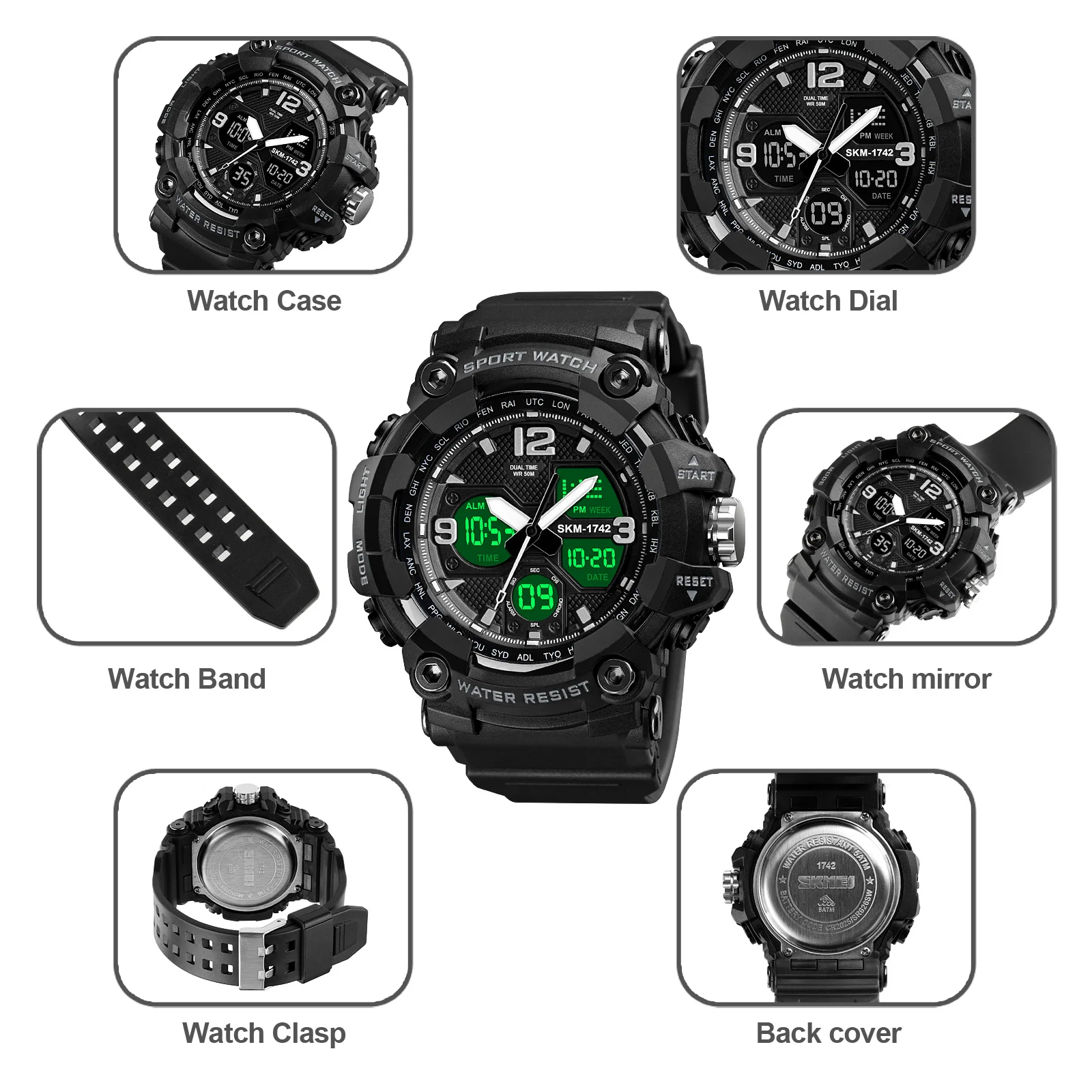 SKMEI New Luminous Dual Time Movement Electronic Watch Amry Men's Outdoor Sports Waterproof Men's Watch reloj hombre  1742
