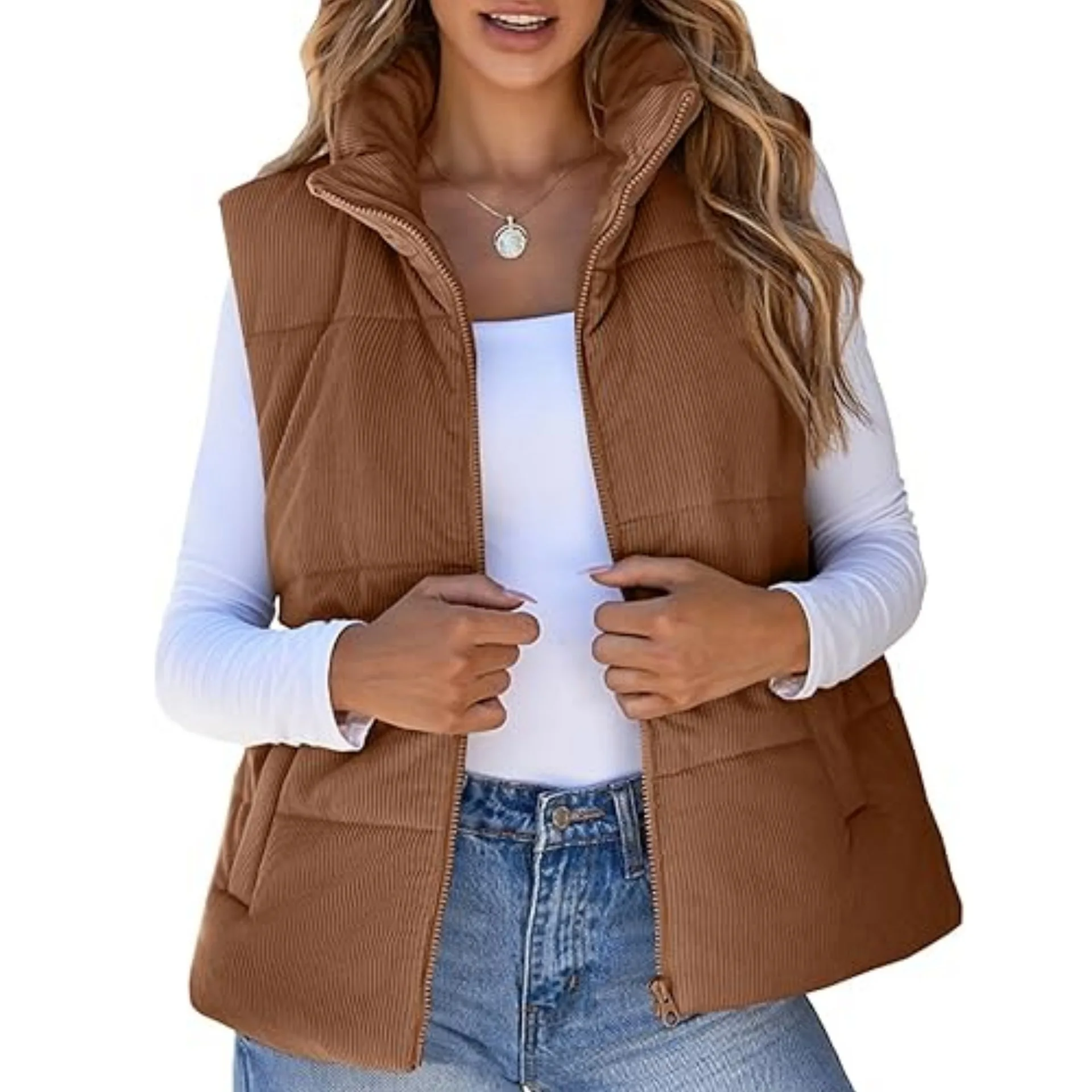 

Stylish Oversized Vest Corduroy Quilted Zipper Front Vest Padded Cotton Pocket Warm Gilet Casual Layering Placket Warm Vest