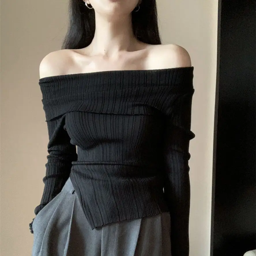 Off Shoulder Long Sleeve T Shirt Women Autumn Winter Casual Korean Elegant Irregular Tops Slim Base Tees 2023 Y2K Black Tshirts