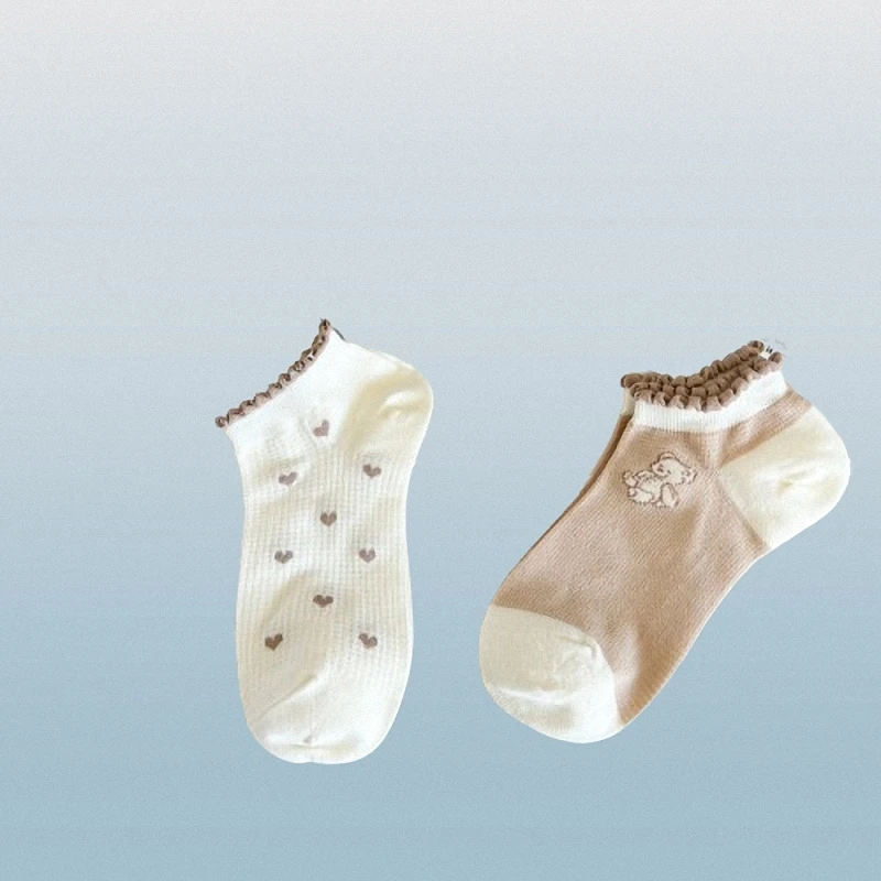 Chaussettes décontractées en dentelle de forêt pour femmes, bouche peu profonde, mince, mignon, style café, ours, qualité supérieure, printemps, été, 5/10 paires