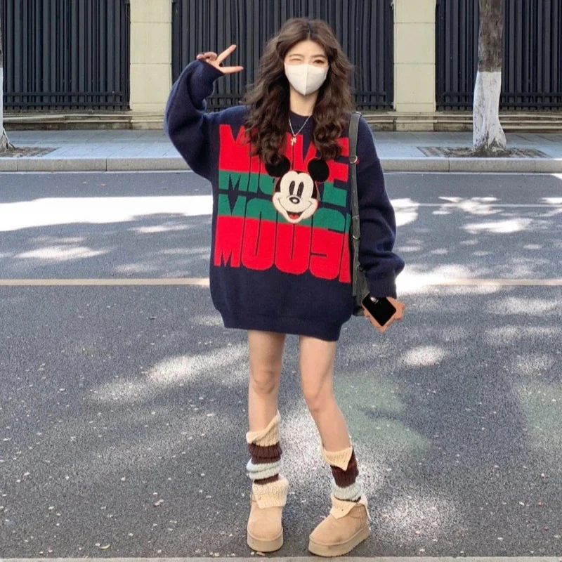 Disney Mickey Y2k Academy Style Sweet Sweater Female Autumn Winter Cartoon Letter Jacquard Knit Tops Women Round Neck Sweatshirt