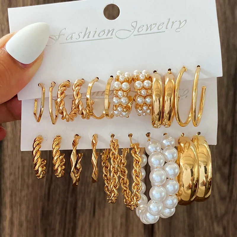 VIVILADY Geometric Alloy Pearl Wafer Hoop Earrings Sets for Women Fashion Jewelry Cute Accessories Wearable for Travel Party