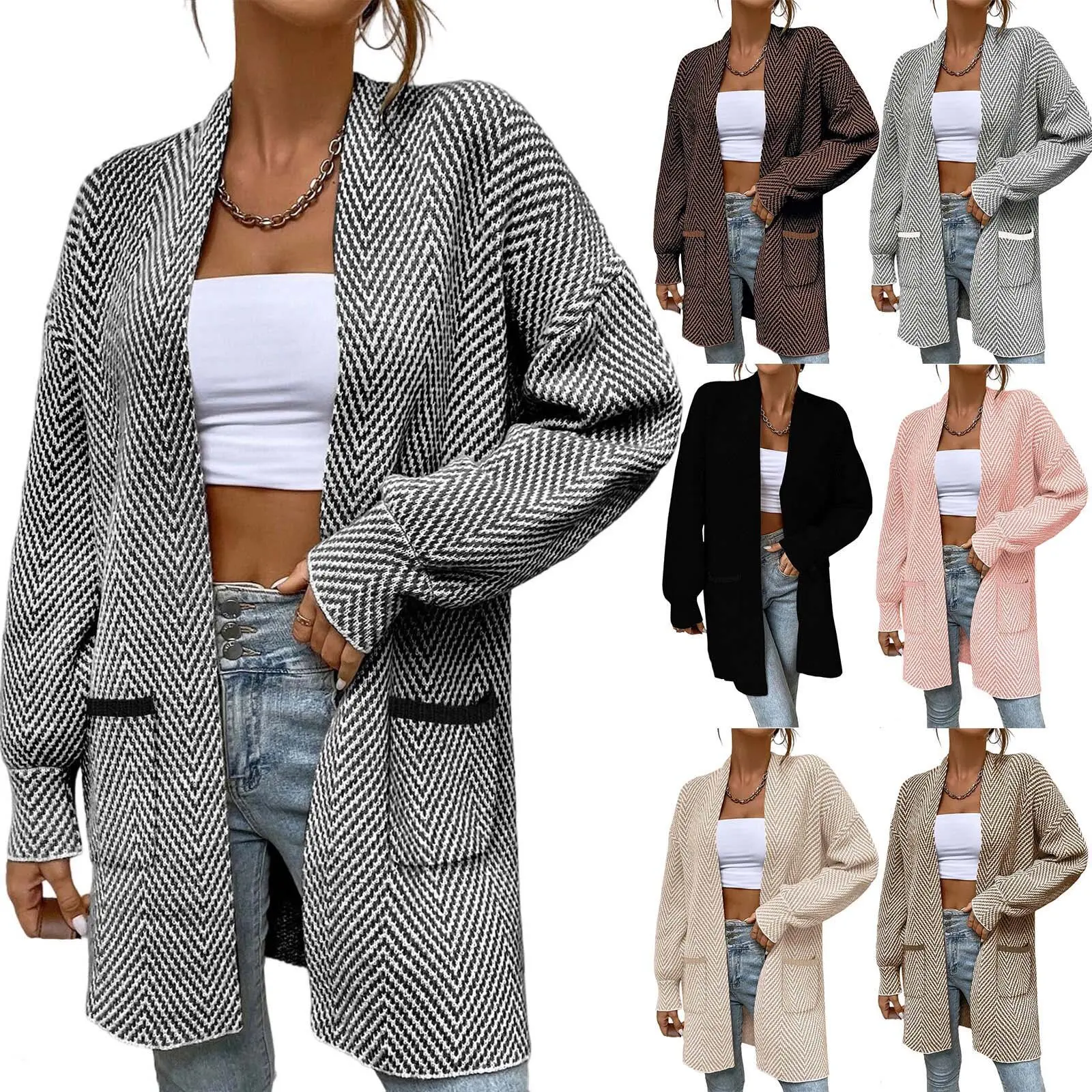 

Women Knitted Cardigan Sweaters Mid Length Jumpers Pocket Striped V Neck Long Sleeve Open Stitch Loose Casual 2025 Autumn Winter