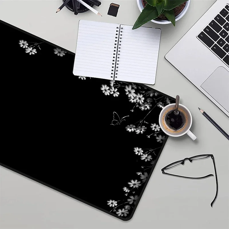 Computer Mouse Pad 900 × 400 Black Butterfly Flower Deskmat Keyboard Gaming Mats Pc Gamer Accessories Xxl Mousepad Anime Playmat