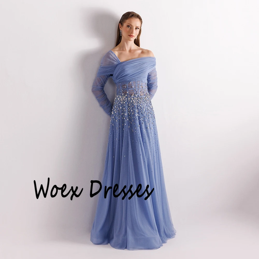 Customized Simple Black Boat Neck Tulle Evening Dress Full Sleeves With Crystal Party Dress A-line Floor Length Prom Gown image 4
