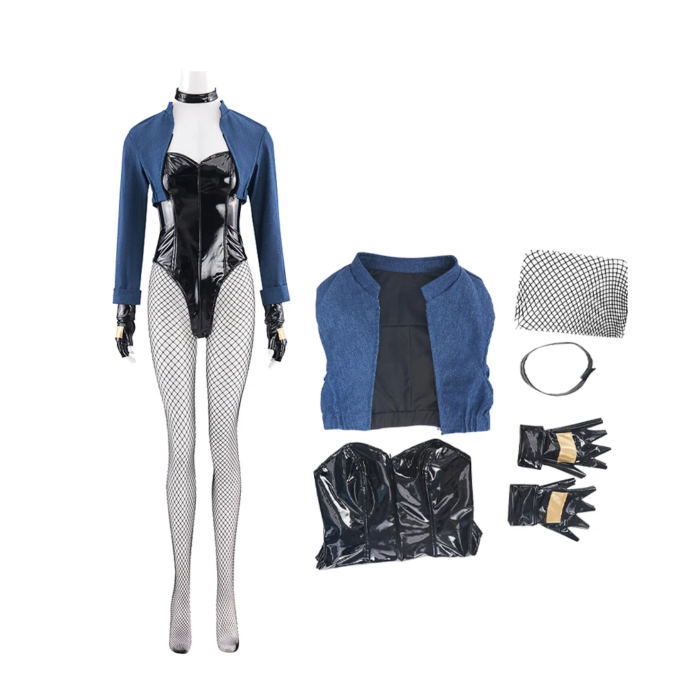 

Canary Cosplay Costume Superhero Sexy Black Bodysuit with Crop Coat Fishnet Stockings Full Set Women's Halloween Party Outfits
