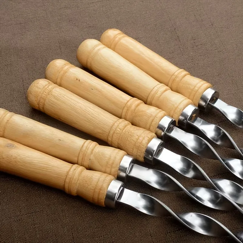 Stainless Steel BBQ Skewers 55cm Wooden Handle Reusable Metal Flat Kebab Skewer